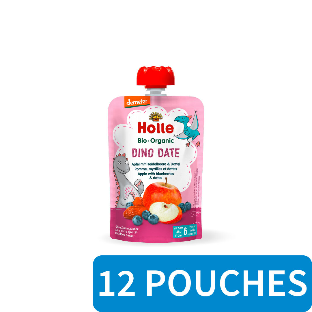 12x Holle Fruit Pouches - Dino Date - Apple with Blueberries & Dates