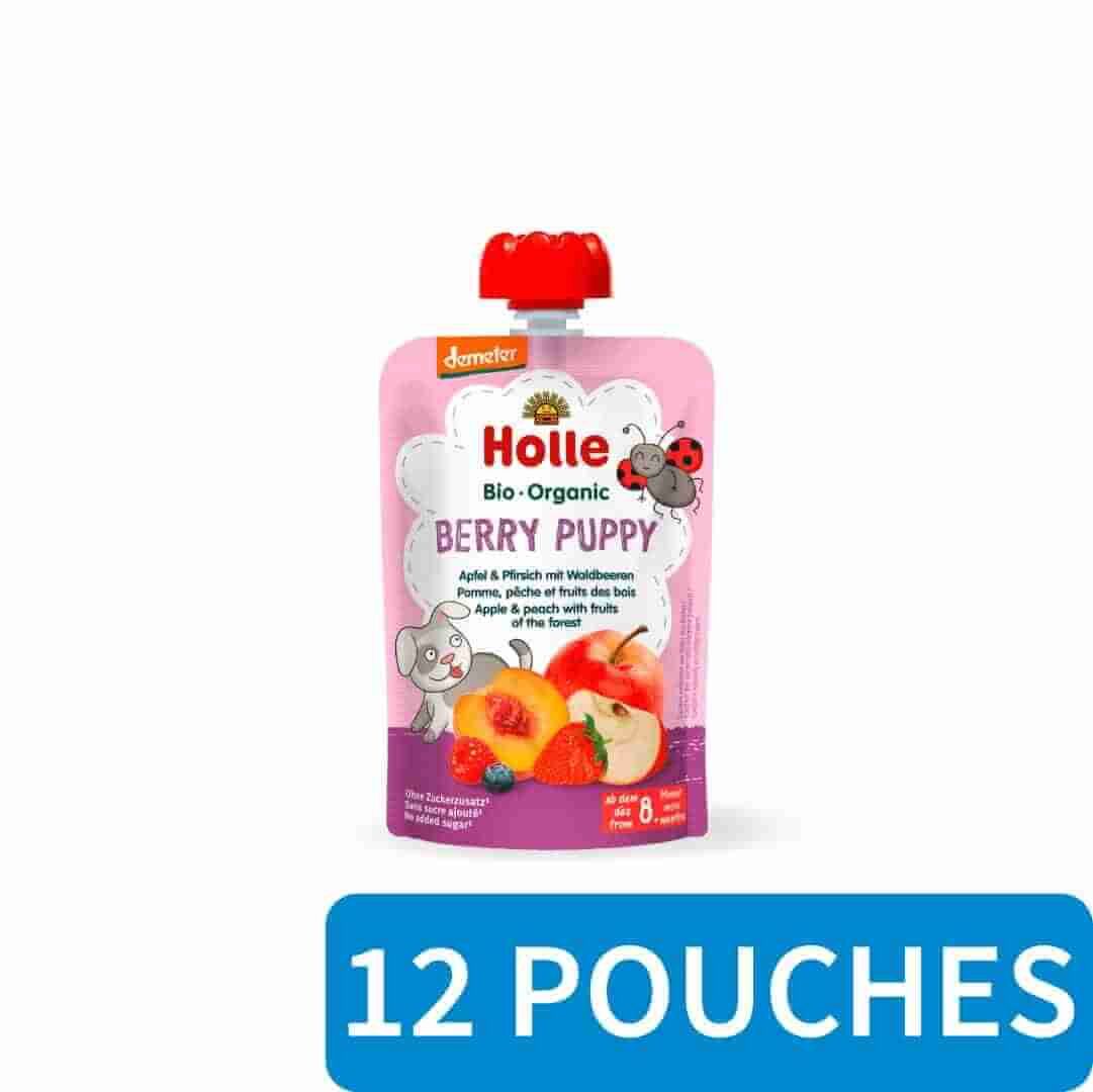 12x Holle Fruit Pouches - Berry Puppy - Apple & Peach with Fruits of the Forest
