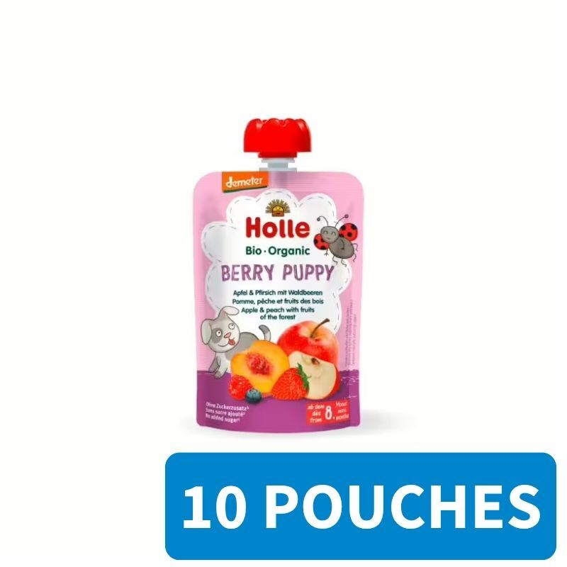 10x Holle Fruit Pouches - Berry Puppy - Apple & Peach with Fruits of the Forest